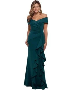 XSCAPE Long Scuba Off-the-Shoulder Ruffle Dress