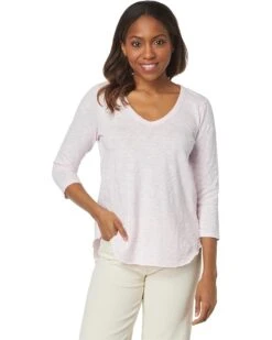 Mod-o-doc Slub Jersey 3/4 Sleeve V-Neck Tee With Curved Hem