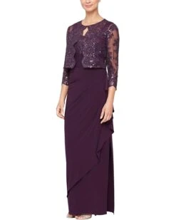Alex Evenings Long Empire Waist Embroidered Jacket Dress With Jacket And Cascade Detail Skirt