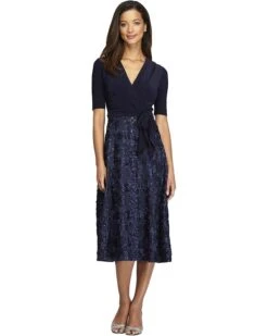 Alex Evenings Petite Tea Length Party Dress With Full Rosette Skirt And Tie Faux Belt