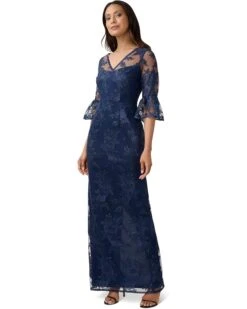 Adrianna Papell Long Sequin & Embroidered Column Gown With Bell Sleeve