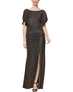 Alex Evenings Long Flutter Sleeve Dress With Ruche Waist Detail And Front Slit